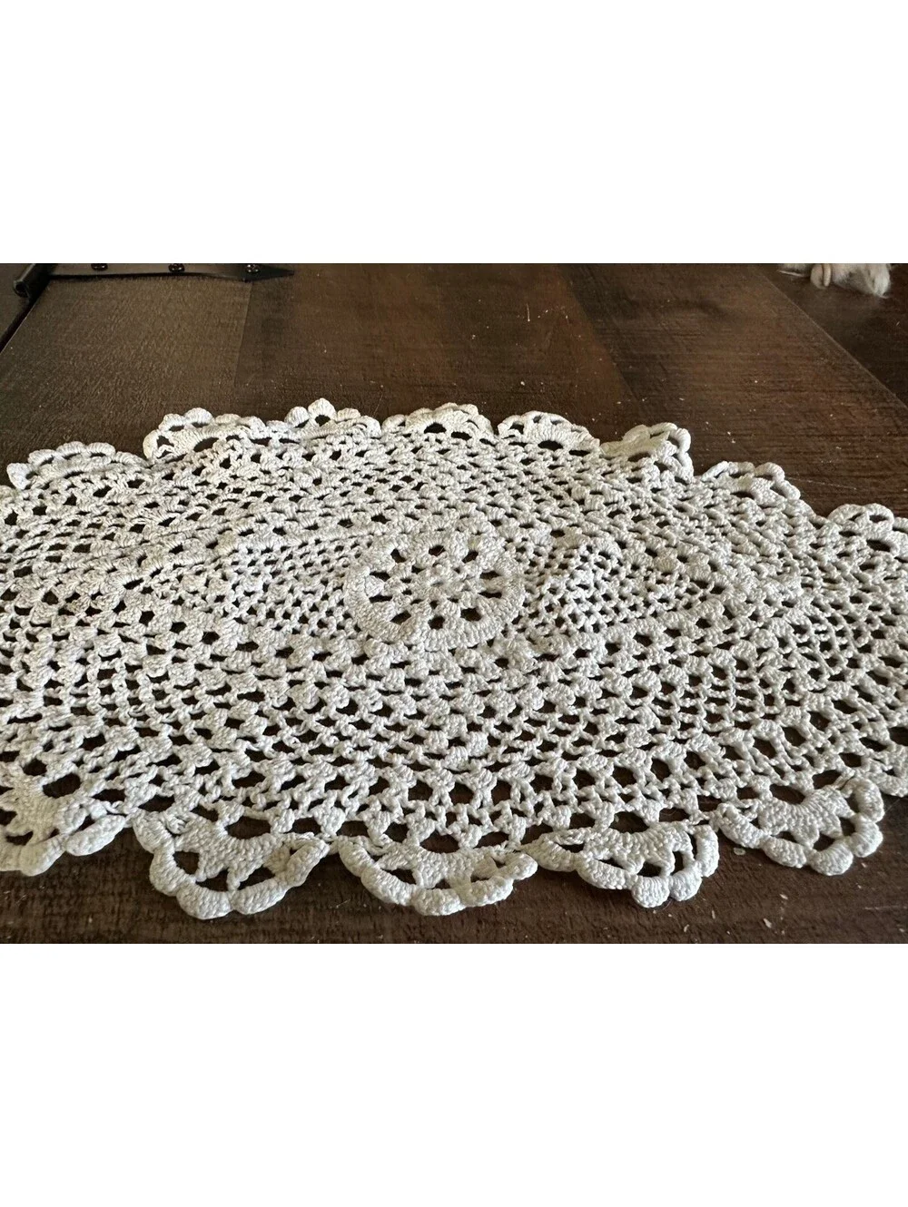 Hand Crocheted Oval Doily Ivory Floral Scalloped Lace Table Mat 12x6